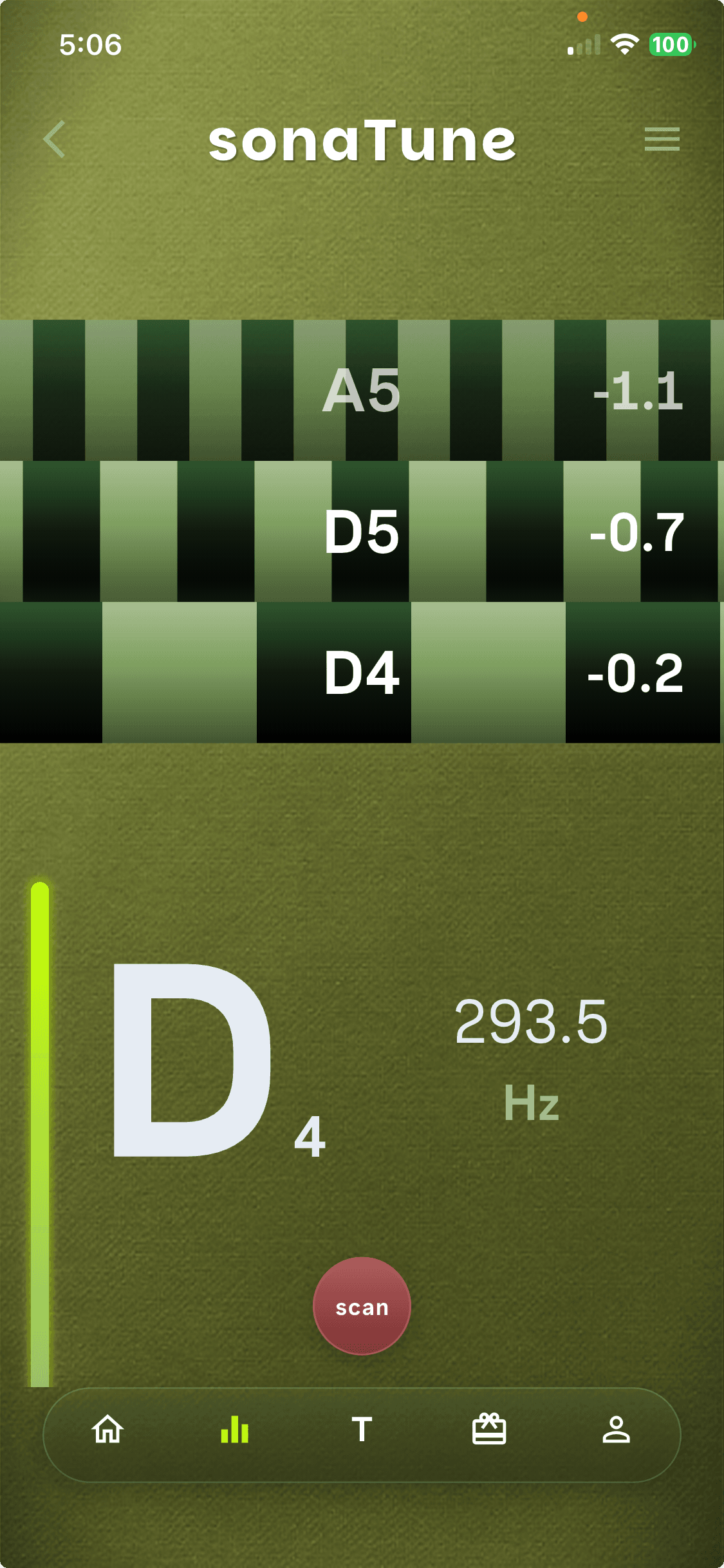 Live tuning — three strobe bars, note & readout