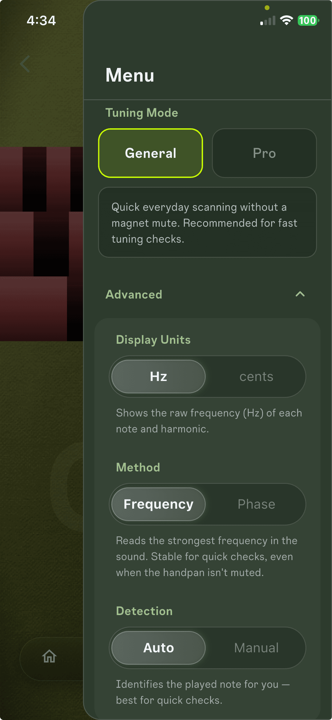 Settings drawer — tuning mode · display units · method · detection