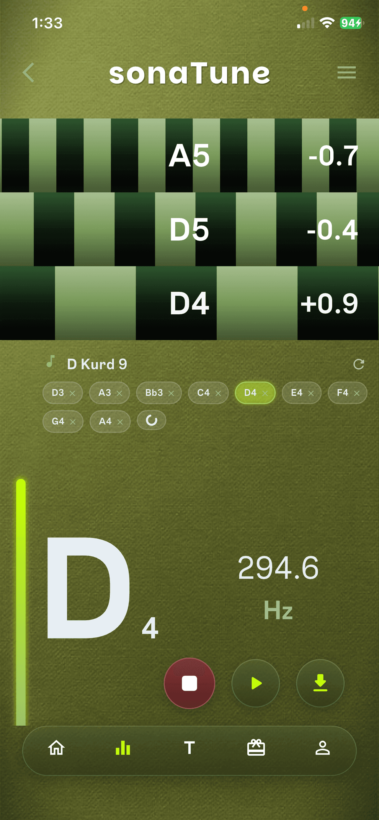 Live tuning — three strobe bars, note & readout